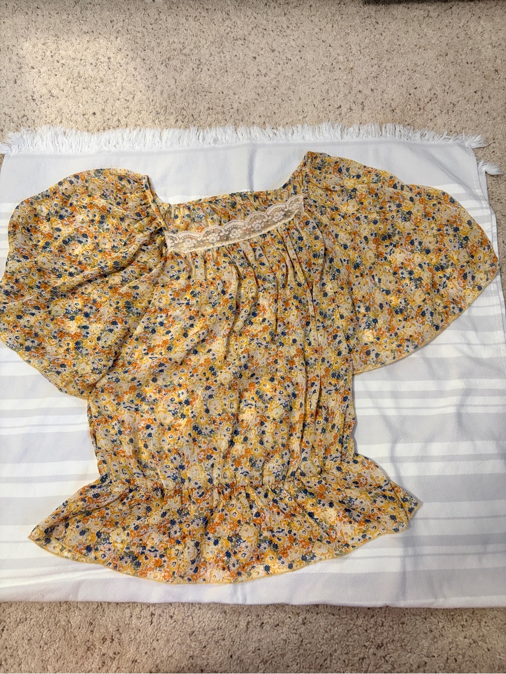 Floral Yellow Puff-Sleeve Peplum Top with Lace Trim
